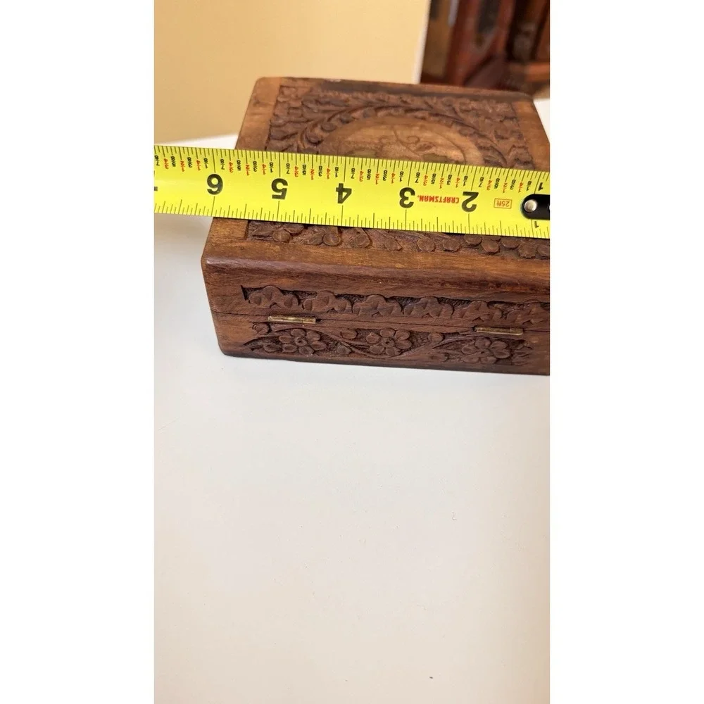 Vintage Hand Carved Wood Jewelry Trinket Box‎ Floral India 7x5 Rustic